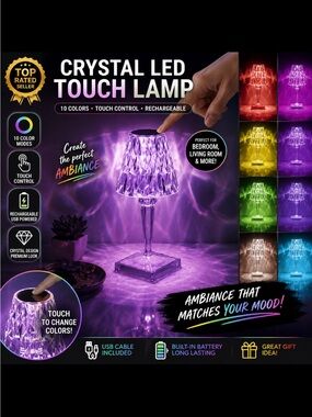 Crystal LED Touch Lamp RGB Rechargeable USB 10” Color Changing Light - Brand New